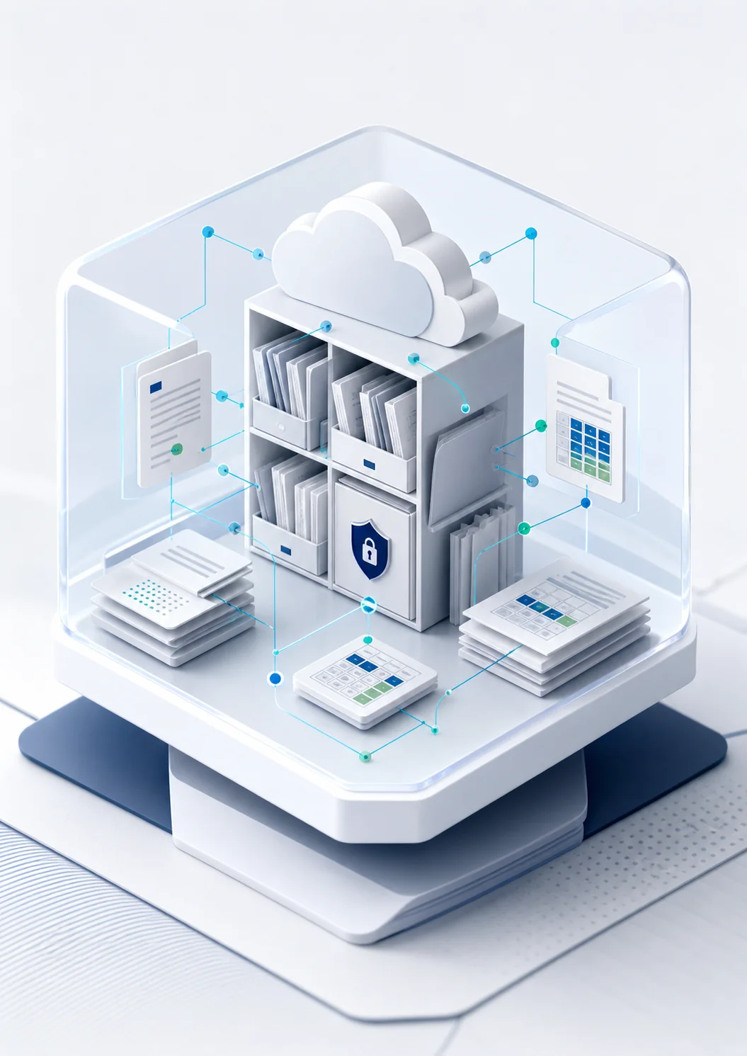 Illustration de documents et données numériques protégés par une architecture sobre.